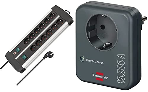 Brennenstuhl Premium-Alu-Line, Steckdosenleiste 12-Fach, Silber/schwarz & Steckdosenadapter mit Überspannungsschutz 13.500 A (Adapter als Blitzschutz für Elektrogeräte) anthrazit