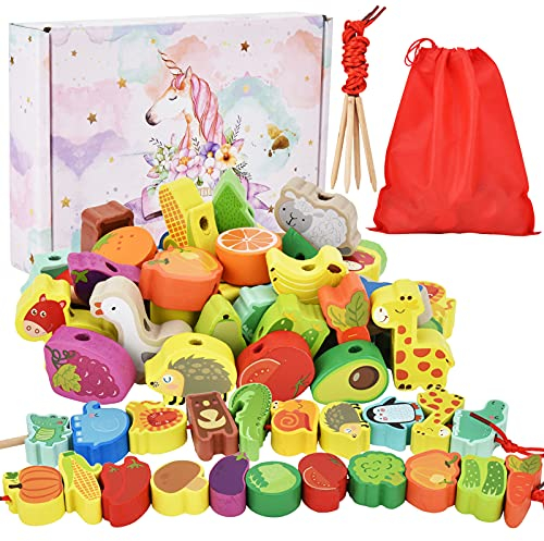 DealKits Montessori Spielzeug ab 2 Jahre - 42 Stück Holzperlen Fädelspiel Pädagogisches Holzspielzeug - Tiere, Obst, Gemüse - Holzperlen zum Auffädeln - 1-4 Jährige Kinder Motorikspielzeug