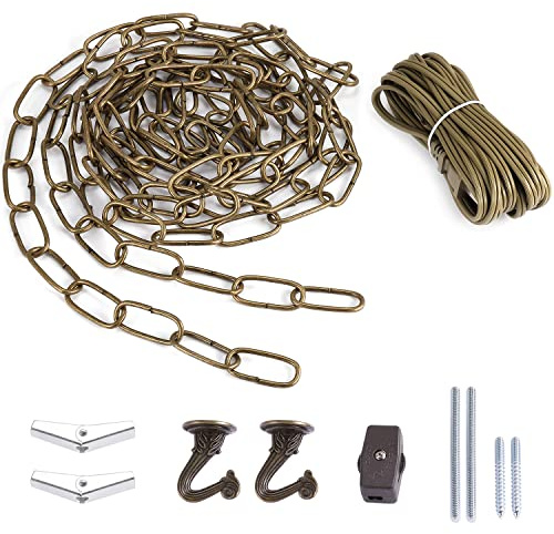 Canomo Swag Light Kit with 12 Feet Chandelier Chain and 15 Feet Light Cord, Instructions Included for Chandelier, Pendant Light and Ceiling Fan Light, Antique Brass