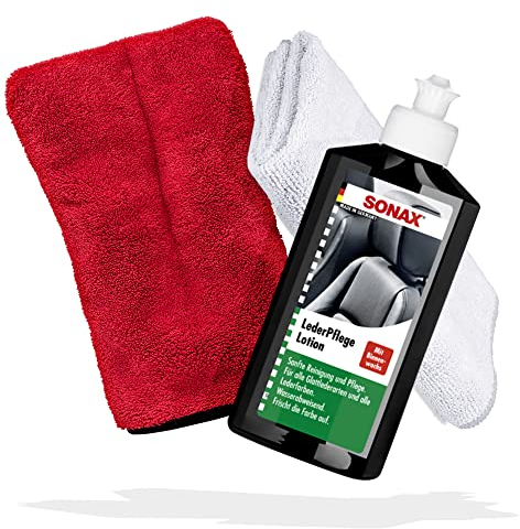 Auto Lederpflege Set | Sonax LederPflegeLotion 250ml + Mikrofasertuch 40x40cm + Detailing Handschuh | Lederreiniger & Leder Pflege