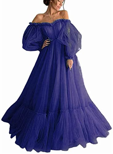 N/ C SAYNO Tulle Off Shoulder Court Train Robe de bal Longue Sweetheart Manches bouffantes Robe de mariée avec lacets, bleu marine, 56