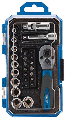 Draper Set di chiavi a bussola metriche a cricchetto da 27 pezzi, 1/4 di pollice con attacco quadro a cricchetto e bussole a percussione, utensili manuali per officina meccanica, 04778