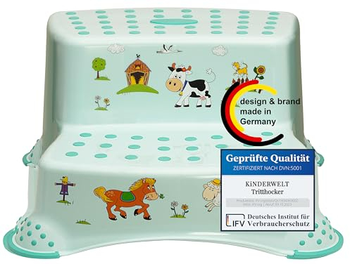 KiNDERWELT Premium zweistufiger Tritthocker für Kinder und Babys, Bauernhof Design in Aquamarin, Tritthocker 2 Stufen für Kleinkinder ab 3 Jahren, abwischbar, rutschfest und BPA-frei