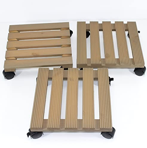 QMBasic 3X Pflanzenroller Holz braun lasiert 29 x 29 cm Untersetzer mit Rollen 50 kg Blumenkübel Kasten Rollständer