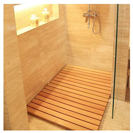 ZXCVBAS Badematte Aus Holz,Baderost Bambus,Holz Läufer Badezimmer, Holzbadteppich Mit Nicht-Slip-Gummi-Pads, Slated-Design, Umweltfreundlich, Innen- Und Außengebrauch,30x30cm/12x12in