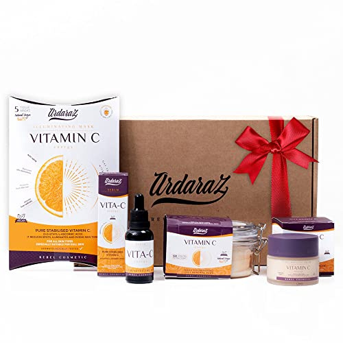 Hudvårdskit Anti-fläckborttagning med C-vitamin och hyaluronsyra. Presentpaket för kvinnor med exfolierande skivor, serum, kräm, 5 masker.