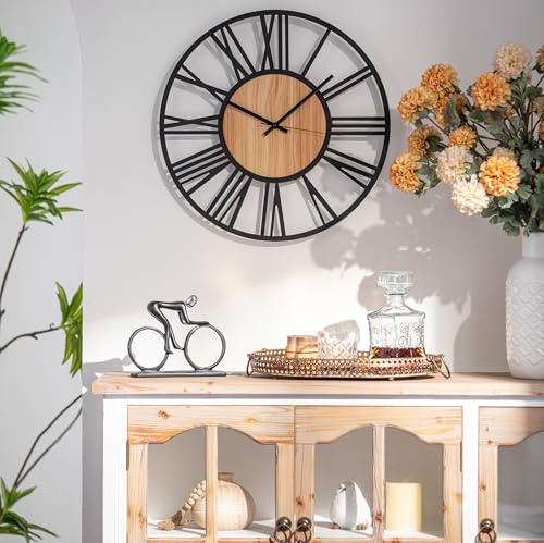 K&L Wall Art Ø 40cm große Wanduhr XL Industrielle Metall Holzuhr Vintage Wohnzimmeruhr lautlos Quartz Uhrwerk ohne Tick-Geräusche