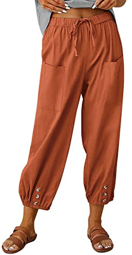 Leinenhose Damen Sommer 7/8 - Sommerhose Damen Leicht Weite Hose mit Taschen Drawstring Stretch High Waist Locker Freizeithose Lässige Stoffhose Baumwolle Leinen Luftige Hosen für Damen