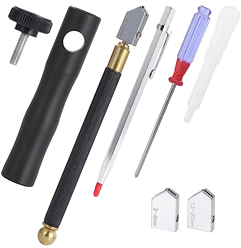 Booramy 7 Pièces Outil de Coupe de Verre pour Verre/Miroir/Carreau/Mosaïque de 2 à 20 mm d'épaisseur, Coupe-verre avec Poignée en Alliage, Alimentation en Huile, 3 Têtes de Coupe en Carbure, Tournevis