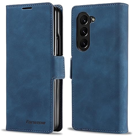 EYZUTAK Premium PU Leather Fold Folio Case for Samsung Galaxy Z Fold 5, Protective Case with Kickstand 3 Card Slot Holder Hidden Magnetic Closure Shockproof Durable Wallet Cover - Blue