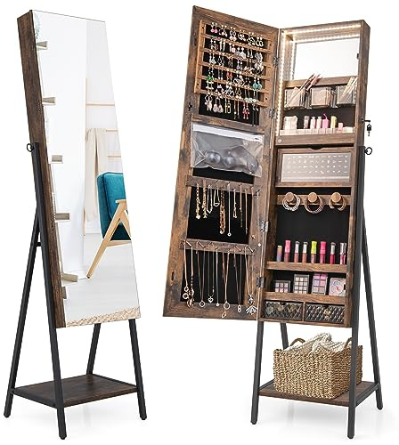 RELAX4LIFE Schmuckschrank mit Spiegel, Spiegelschrank mit LED Beleuchtung & Ablage & 2 Schubladen & Zahlreichen Fächern, Abschließbarer Schmuckorganizer mit Metallgestell (Rustikales Braun)