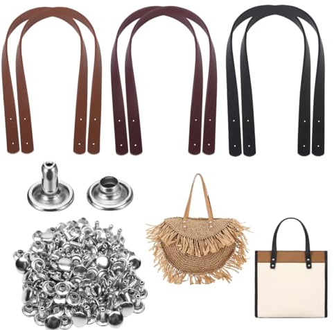 6 pcs Manici per Borse Uncinetto Fai Da Te -60cm Pu Manici Borsa In Pelle Universale Accessori Borsa a Tracolla Maniglia di Ricambio con Fibbie,Sostituzione Cinghia Borsa Senza Cuciture 3 colori