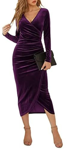 Vestido Midi Ajustado de Terciopelo para Mujer, Vestido Morado de Manga Larga Acanalada y Ajustado, Vestido de Noche para Fiesta y cóctel, otoño 2023