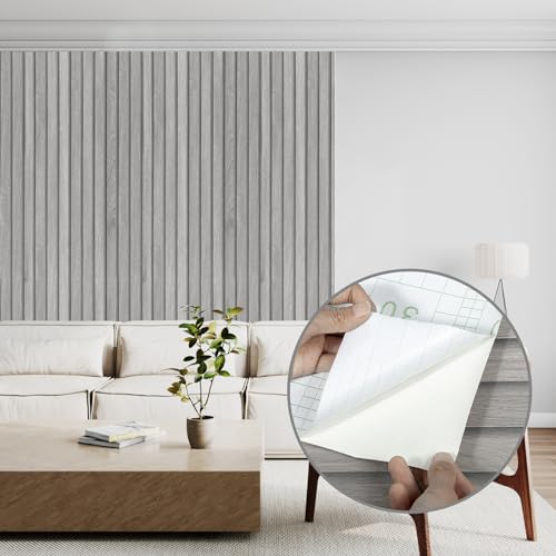 Abyssaly Wood Effect Peel and Stick Wallpaper, Grey Vinyl Wrap Self Adhesive Removable Panel Wallpaper, Wood Slats Sticky Back Plastic for Furniture Walls, Kitchen, DIY 40cmX300cm