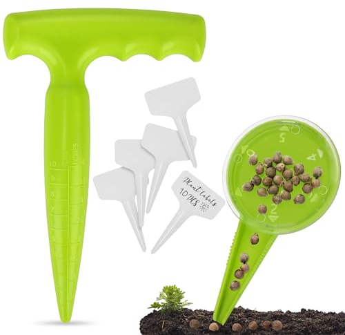 Milifox 2 Pcs Dibbler Garden Tool Set Includes Bulb Planting Tools,Plant Seed Dispenser,10Pcs Plant Labels,Soil Hole Punchers,Garden Hand Tool for Flower,Vegetable