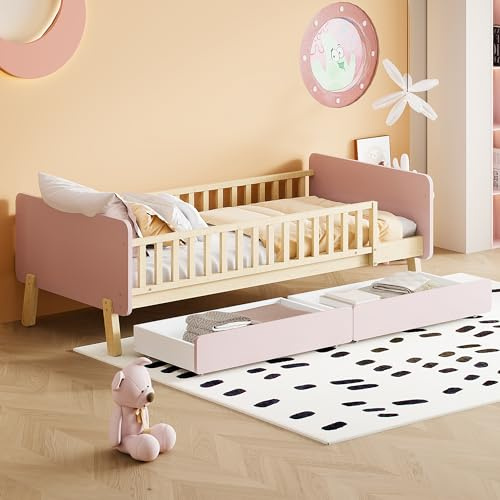 NNJN Kinderbett mit 2 Schubladen, Einzelbett aus Massivholz mit Lattenrost(90x190cm (Rosa)(Ohne Matratze)