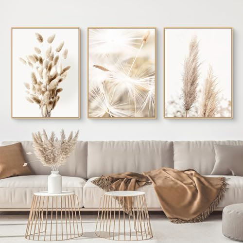 Trayosin 3er Poster Set, Premium Boho Beige Wandbilder, Natur Schilf Pampasgras Bilder Modern Bilder Set Wanddeko, Vintage Bilder Deko für Wohnzimmer Schlafzimmer, Ohne Rahmen (50x70cm)