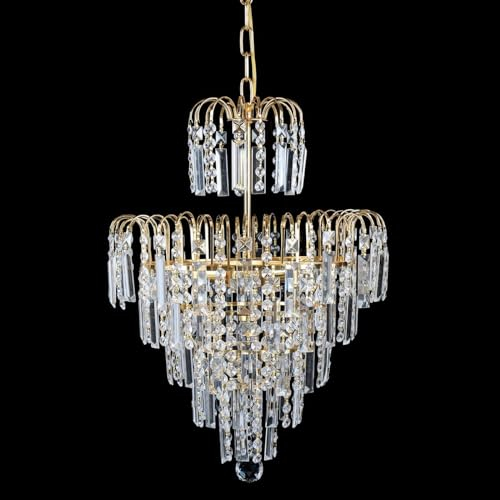 Ridgeyard Goldfarben Kronleuchter aus Kristall, 3 Leuchten, verstellbare Kette, modern, 7 Ebenen Kristalltropfen-Design, K5, LED-Beleuchtung, Deckenleuchte, für Schlafzimmer, Wohnzimmer, Flur