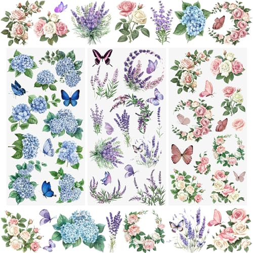 WANDIC 3 Bogen Rub on Transfer Stickers, Blumen Aufkleber Wand mit Romantischer Schmetterling Muster, Wasserdicht, Handarbeiten, Möbel, Dekorieren für Fotoalbum und Scrapbook, 15 x 30 cm