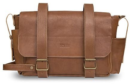 Solier Aktentasche Fahrradtasche 2in1 Bike aus echtem Leder Umhängetasche Gepäckträger Unisex Männer und Frauen Gepäckträger Gepäcktasche handgefertigt SR02 (Hellbraun)