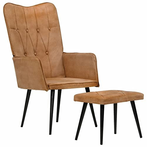 LAPOOH Öronfåtölj med pall, fåtölj, vardagsrum, läsefåtölj, stillasittfåtölj, TV-relaxfåtölj, brun canvas