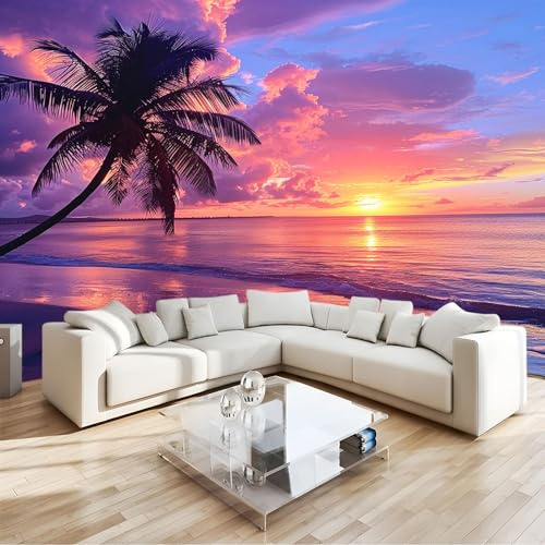 Papier Peint Panoramique 3D Coucher de Soleil OcéAn Cocotier Papier Peint Intissé Fond Multicolore pour Chambre Salon Mur TV Artistique XXL Poster Décoration Murale 200x140cm