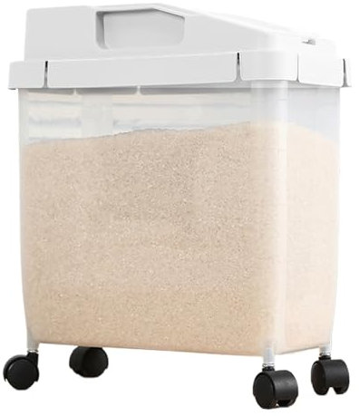 Rice Container, 22LBS Rice Dispenser with Wheels, Moisture-Proof Rice Bucket with Measuring Cup, Transparent Plastic Rice Storage for Dry Food