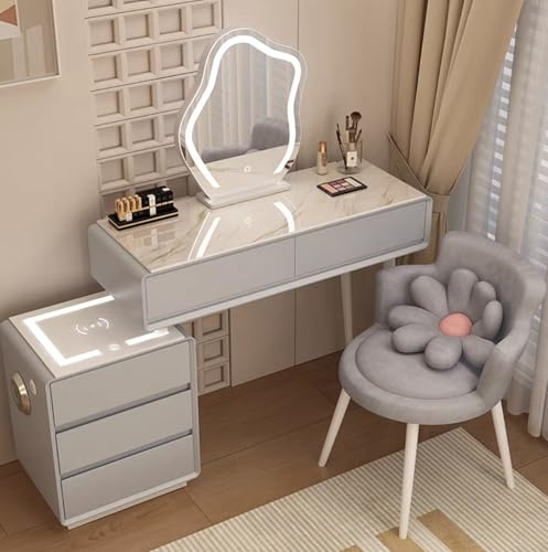 Toeletta Trucco con Sgabello,Scrivania da Trucco con Specchio e Luci,Tavolino da Toilette per Camera da Letto,Armadietto e Sgabello Imbottito,con Specchio Illuminato a 3 Colori(Light gray,100.5x40x78c