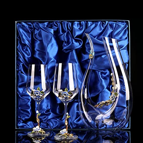 UTTDP Pintado a mano esmalte copas de vino con caja de Copa roja de gran dureza con flor de esmalte, cristal sin plomo, copa de vino de 450 ml, decantador de 1500 ml, caja de regalo
