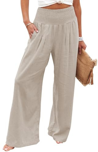 Imuedaen Leinenhose Damen Sommer Hose Casual Leinen Leicht Hosen Weites Bein Palazzo Freizeithose Hohe Taille Einfarbig Sommerhose Stoffhose mit Taschen (Khaki, XL)