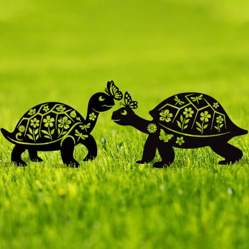 MorningRo Lot de 2 statues de jardin en métal pour femmes et hommes - Décoration de jardin - Cadeaux pour les amateurs de décoration de jardin - Silhouette de tortue noire - Décoration de jardin pour