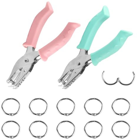 2 Stück Lochzange Papier Stanzer, 6mm Locher Einzellochstanze, Lochstanzer Papier, Metall Einzellocher 1 Loch Handstanze für DIY Basteletiketten Fotos Grußkarten Scrapbook, mit 10 Binderinge