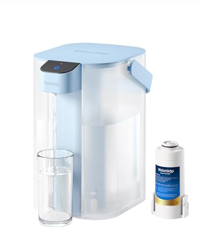 Waterdrop Carafe filtrante électrique instantanée, 3,5 l, 3 mois, système d'eau potable extérieur, réduit le chlore, le plomb, le mercure, le PFAS, PFOA/PFOS, bleu clair (réduit le TDS pas)