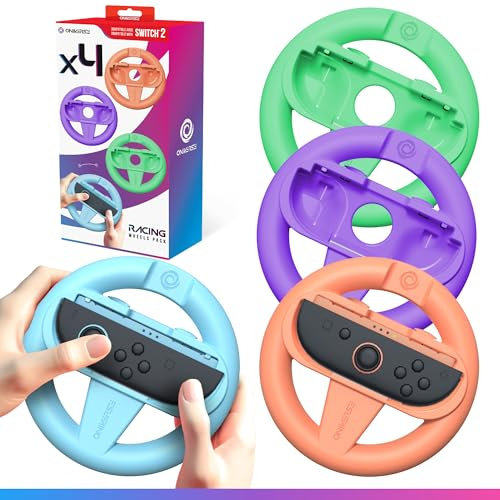 Oniverse 4-Pack Racing Wheels for Switch 2 Controllers – Switch 2 Accessories for Mario Kart, Orange, Blue, Green & Purple Wheel Holders, Intuitive Design, Accessible SL/SR Buttons – For Joy-Con