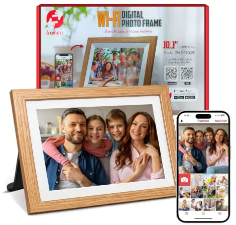 Digital Photo Frame Wifi 10.1 inch Oak Wood Frame, Smart Electronic Digital Picture Frame 32GB Memory, 1280 * 800 HD IPS Touchscreen, Share Photos & Videos via Frameo APP, Gift for Women/Men