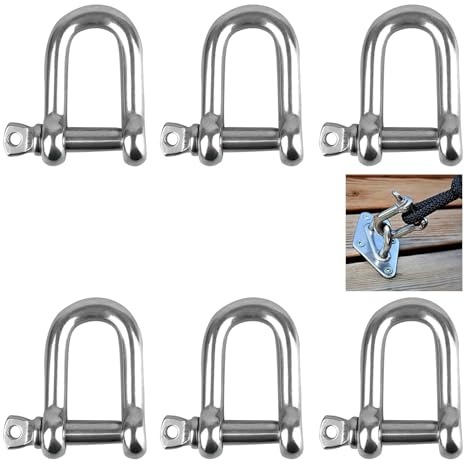 Shackle D Shape, Pack of 6 M8 Stainless Steel Screw Shackles, 304 D Ring Shackle Lock Shackle Straight, M8 D Ring Shackle Locks, Stainless Steel M8 D Ring Screw Shackles with Pins