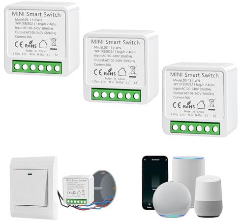 Interruptor WiFi Smart Life, 16A Relé Interruptor Inteligente Wi-Fi & Bluetooth, 2.4g Smart Light Switch Compatible con Asistente de Voz y Tuya, Smart Switch Alexa, Requiere Cable Neutro (3 piezas)