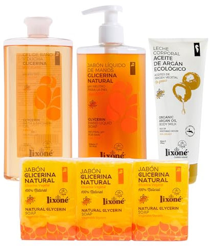 LIXONÉ - Pack de Cuidado Corporal con Glicerina y Aceite de Argán | Gel de Baño con Glicerina + Jabón Líquido Glicerina + Jabón Glicerina Pack 3 + Leche Corporal Aceite de Argán