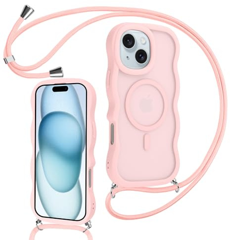 Knrlqim Magnetica Cover con Cordino per iPhone 15, Compatibile con Magsafe,Custodia con Laccio Collana Tracolla Corda,Cornice Ondulata Traslucida Opaca Antiurto Protettiva Case,Rosa