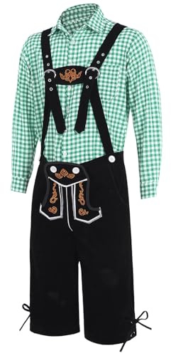 Generisch Lederhose Herren Tracht Set Oktoberfest Outfit, 3 Teilig, Trachtenlederhosen mit Hosenträger + Trachtenhemd + Trachtenhut, Bayerische Trachten Männer Oktoberfest Kostüm Set