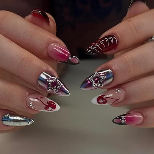 LunarCharm 24 pièces de faux ongles taille moyenne forme amande ongles étoilés ombré ongles artificiels design métallique brillant couverture complète acrylique artificiel