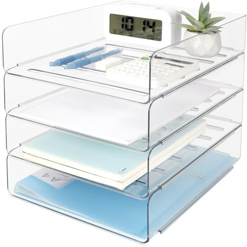 Otauoaea 4 Pezzi Vaschetta Porta Documenti Ufficio Impilabile, Organizzatore Scrivania Trasparent in PET, Vassoio Porta Documenti A4, Organizer Scrivania per Libri Documenti Fogli Riviste