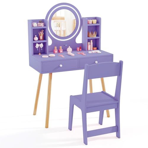COSTWAY Kids Dressing Table, Girls Vanity Set with Stool, 2-Color LED Lights Mirror, Drawers, Storage Shelves, Make Up Pretend Dresser Desk Chair Set (Purple)