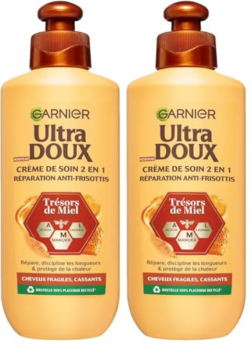 Garnier Ultra Doux Trésors de Miel pour Cheveux Fragiles & Cassants - Crème de Soin 2-en-1 Réparation Anti-Frisottis - Au Miel d'Acacia, de Manuka & de Lavande - 200ml - Homme & Femme - 200ml