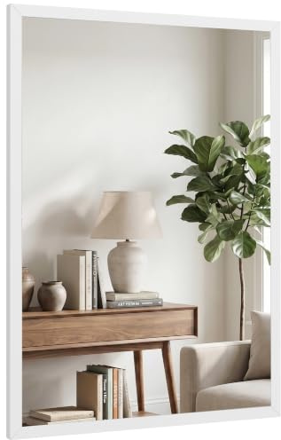 HOMCOM Specchio Bagno Parete Rettangolare con Ganci, Specchio da Camera in Vetro e MDF, 50x70 cm, Bianco
