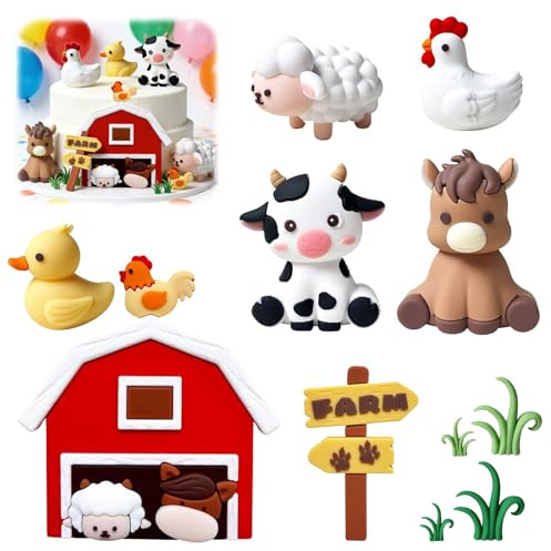 9 Pcs Farm Animal Cake Toppers, 3D Farm Decorations for Birthdays | Cute Animal Figures With Grass And Shed, Suitable For Baby Showers, Farm-Themed Cake Display