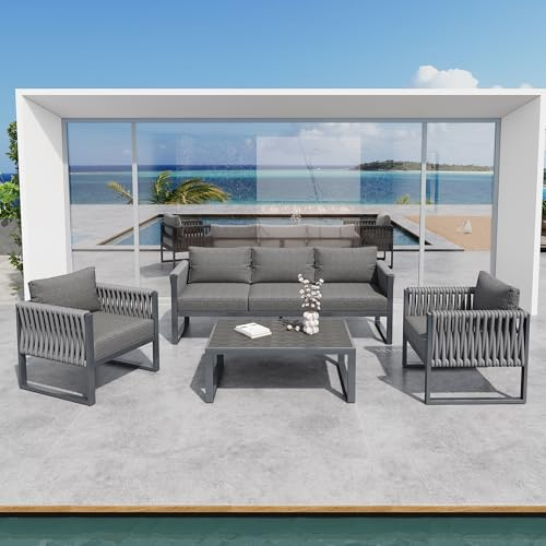 A ALFRESCOOL Gartenlounge Outdoor, Gartenmöbel-Set, Lounge Möbel Outdoor, 5-Sitzer Sofa, mit Verstellbaren Füßen & Polstern, Rostfreiem Metallgestell & 1 Tische, 167×61×63cm (Grau)