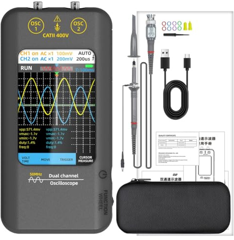 YGBWAOV Osciloscopio Digital de Doble Canal, 50 MHz, Frecuencia de Muestreo de 250 /S, con Pantalla Táctil y Generador de Señales. Pantalla TFT de 3,98.