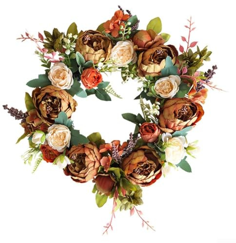 Couronne florale avec pivoines orange en soie, hortensias vert pâle et baies rouges pour porte et fixation murale