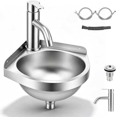 Stainless Steel Sink Wall Mounted - Compact Small Sink with Hot/Cold Taps, Portable Sink for Campervan Sink, Outdoor Sink, Kitchen Sink & Bathroom Sink (Triangular Corner Sink Bowl 21x21x15cm)